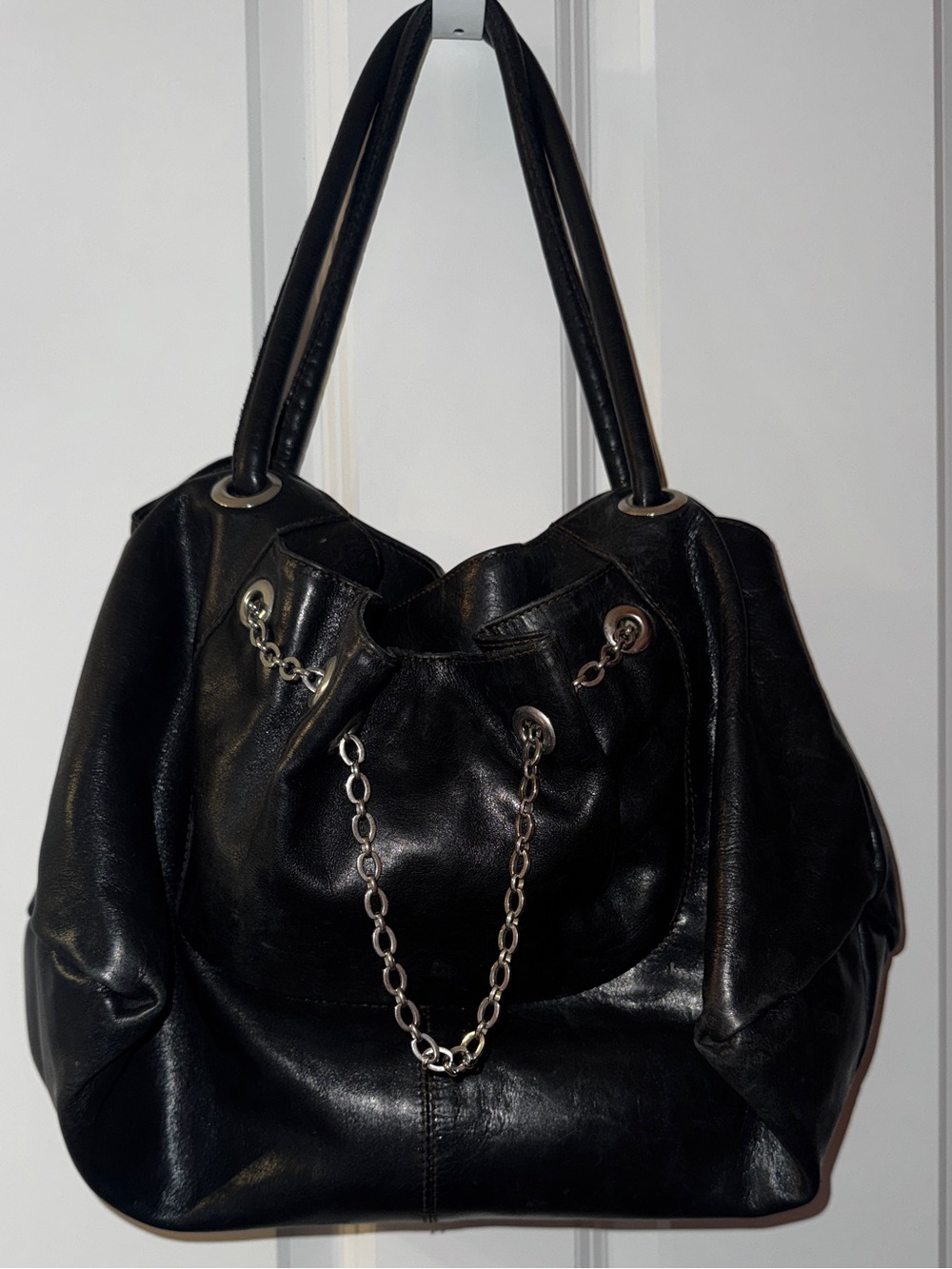 Vintage Furla Onyx Pebbled Leather Chain Drawstring Satchel Hobo Bag